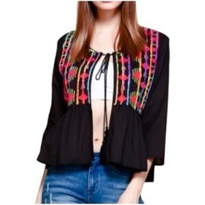 NWT Velzera Black Bohemian Multicolour Embroidered Open Front Cotton Top Large